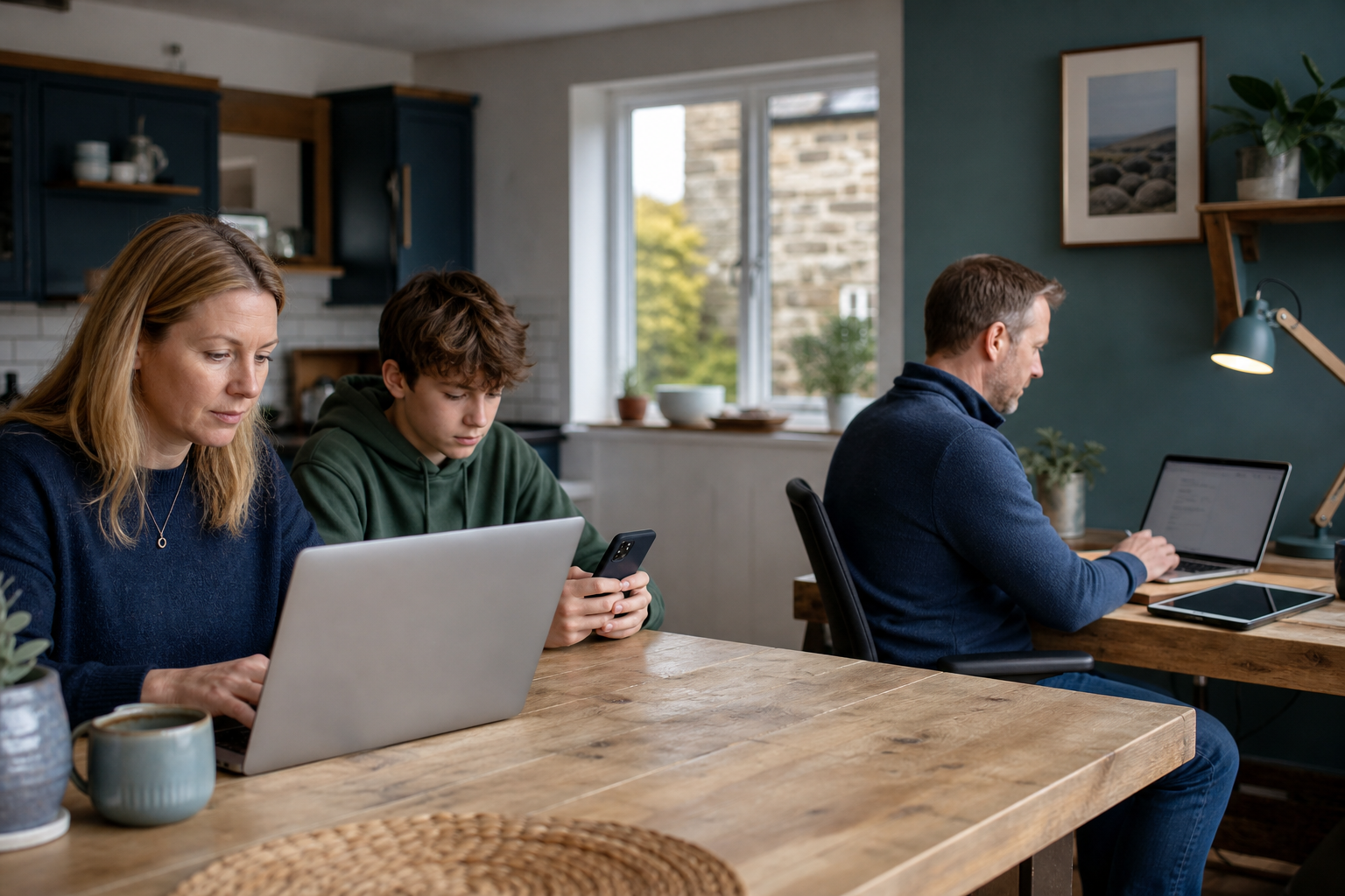People using laptops, tablets and phones across home and small-business settings