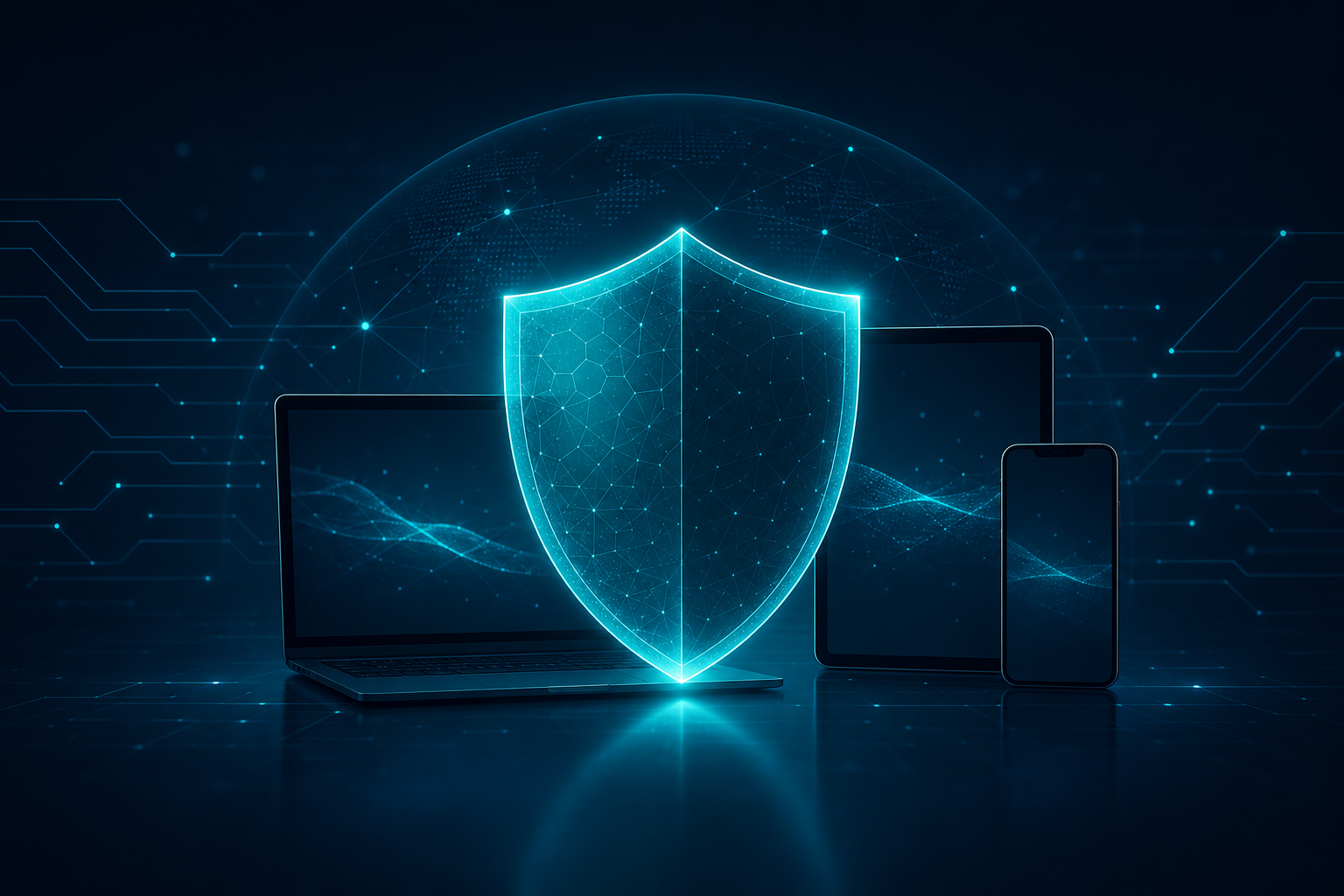 Premium cybersecurity visual with a digital shield protecting a laptop, phone and tablet